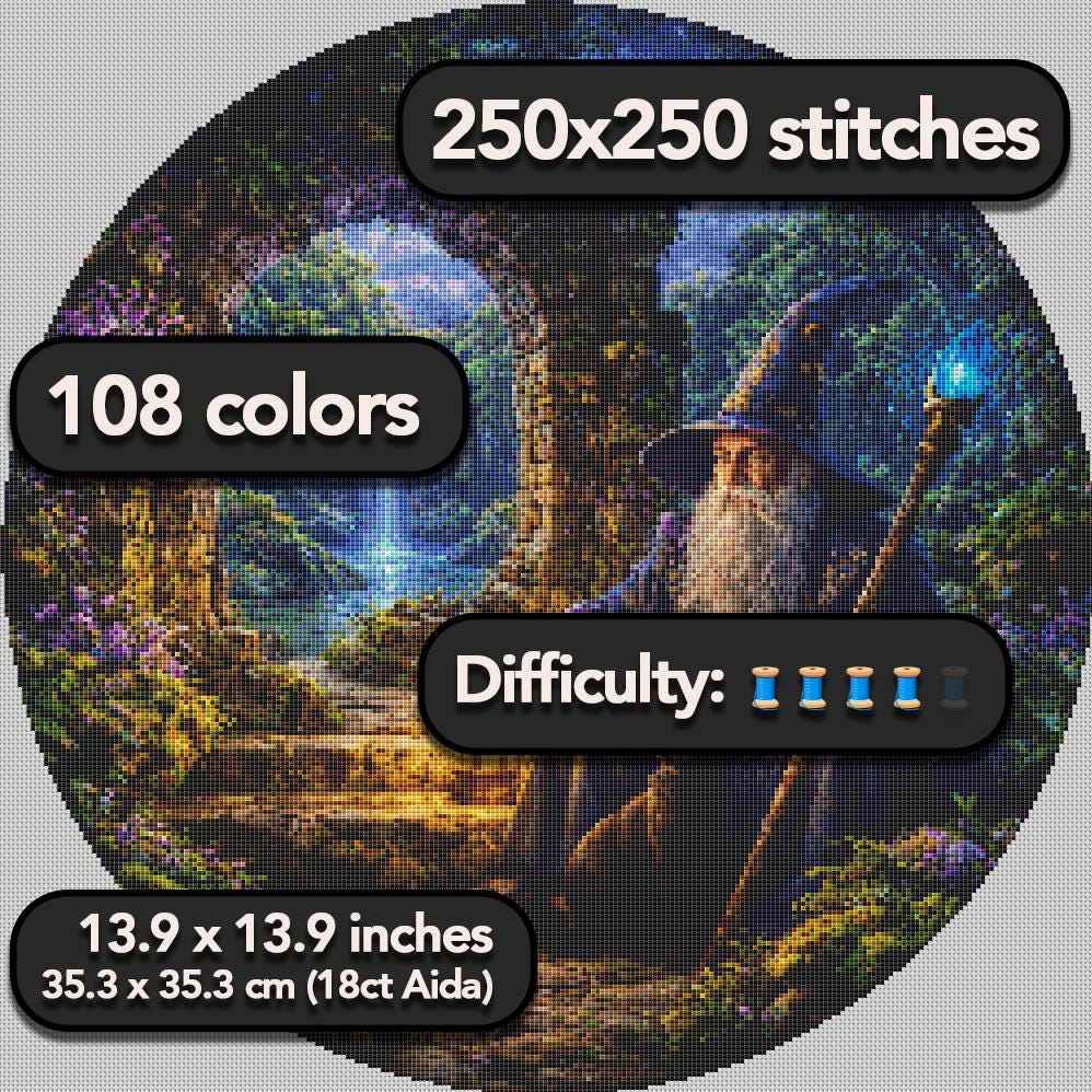 Cross Stitch Pattern - Wizard and Cat, Mystic Ruins - Instant Digital Download