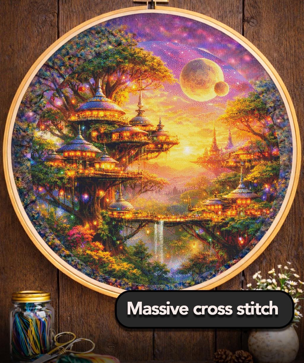 Cross Stitch Pattern - Treetop City Sunset with Dual Moons - Instant Digital Download - Huge 350x350