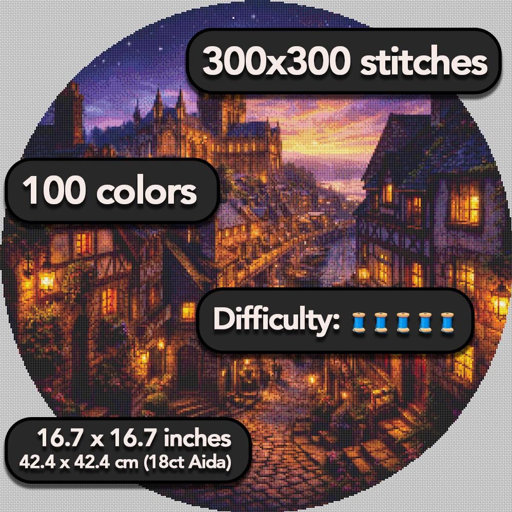 Cross Stitch Pattern - Village Harbor, Cathedral Sunset - Instant Digital Download