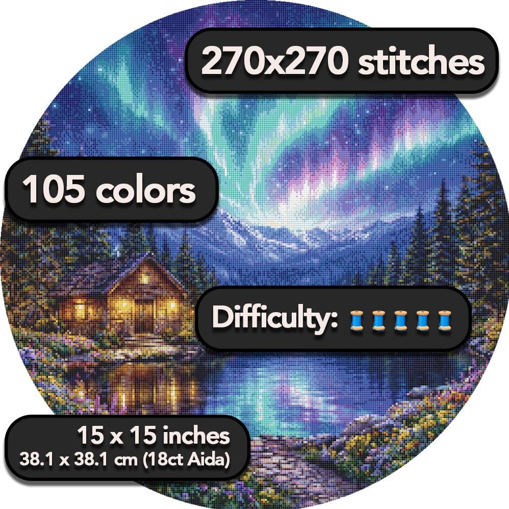 Cross Stitch Pattern - Mountain Aurora at Water's Edge - Instant Digital Download