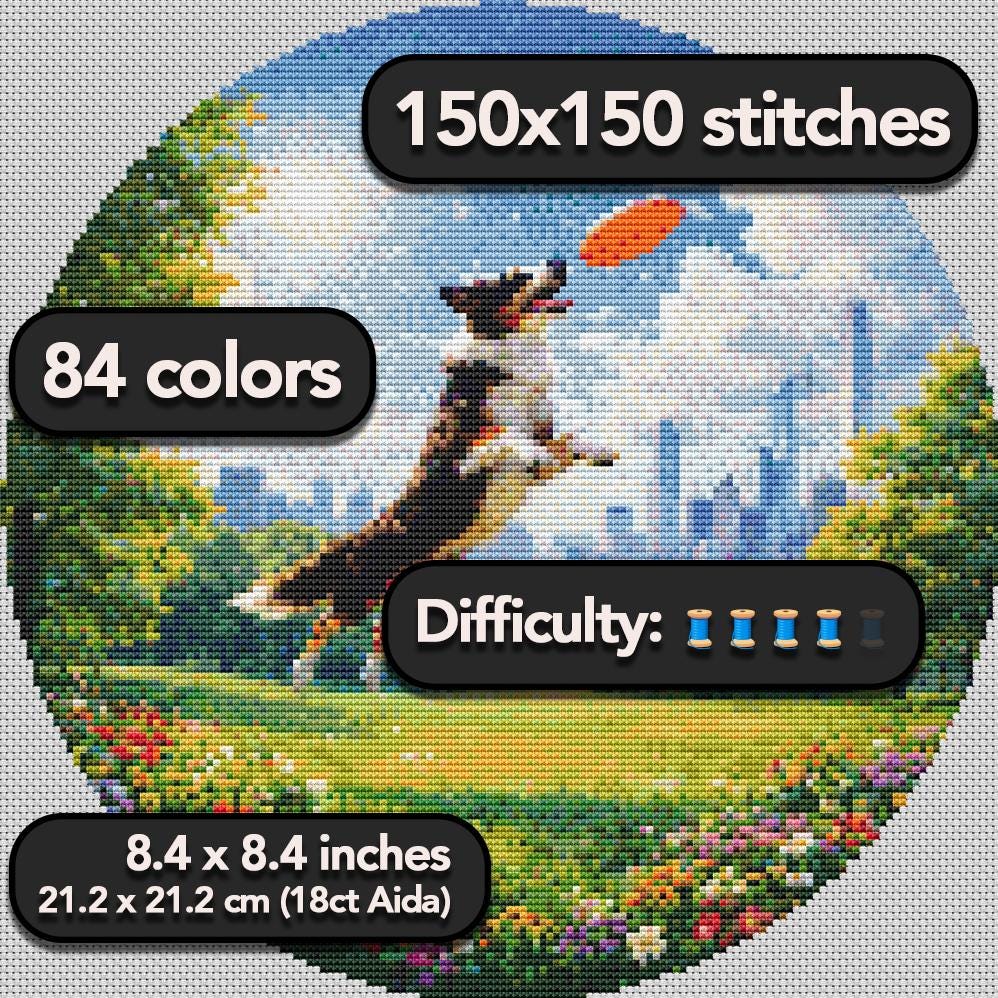 Cross Stitch Pattern - Canine Leap in Central Park - Instant Digital Download