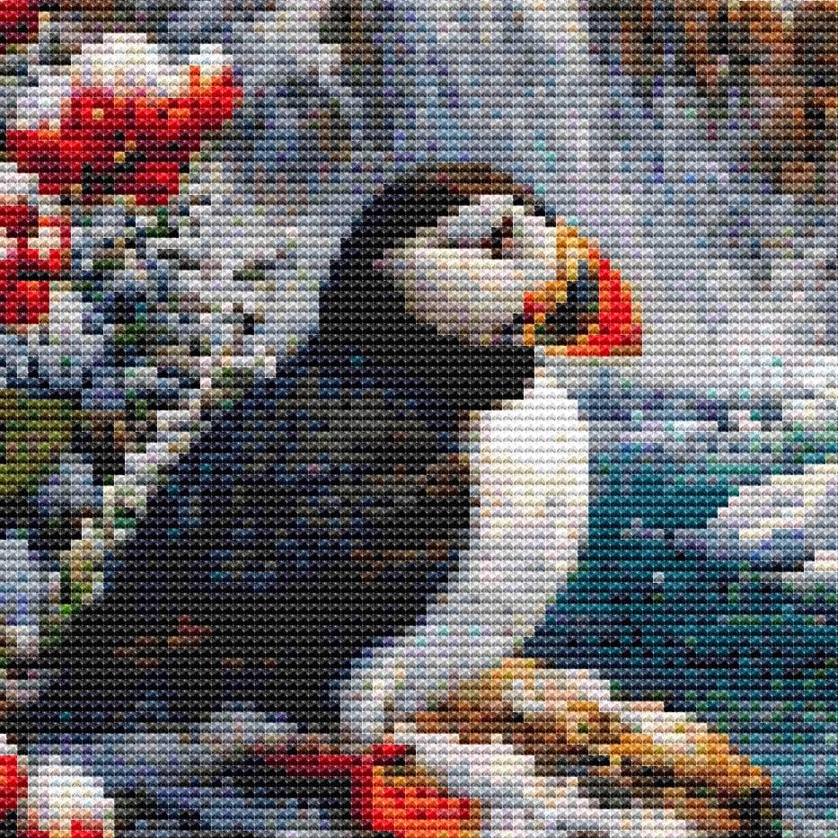 Cross Stitch Pattern - Puffin Cliffs, Winter Sunset - Instant Digital Download