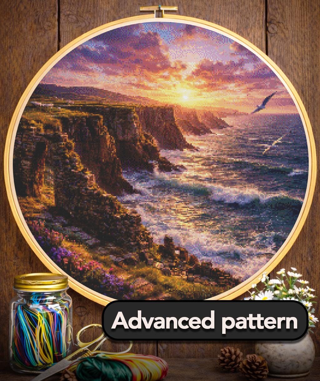 Cross Stitch Pattern - Irish Cliffs, Ruined Wall at Sunset - Instant Digital Download