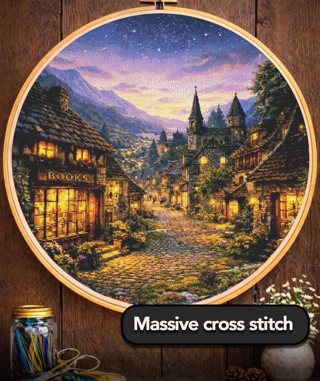 Cross Stitch Pattern - Medieval Book Store, Mountain Village at Dusk - Instant Digital Download - Huge 350x350