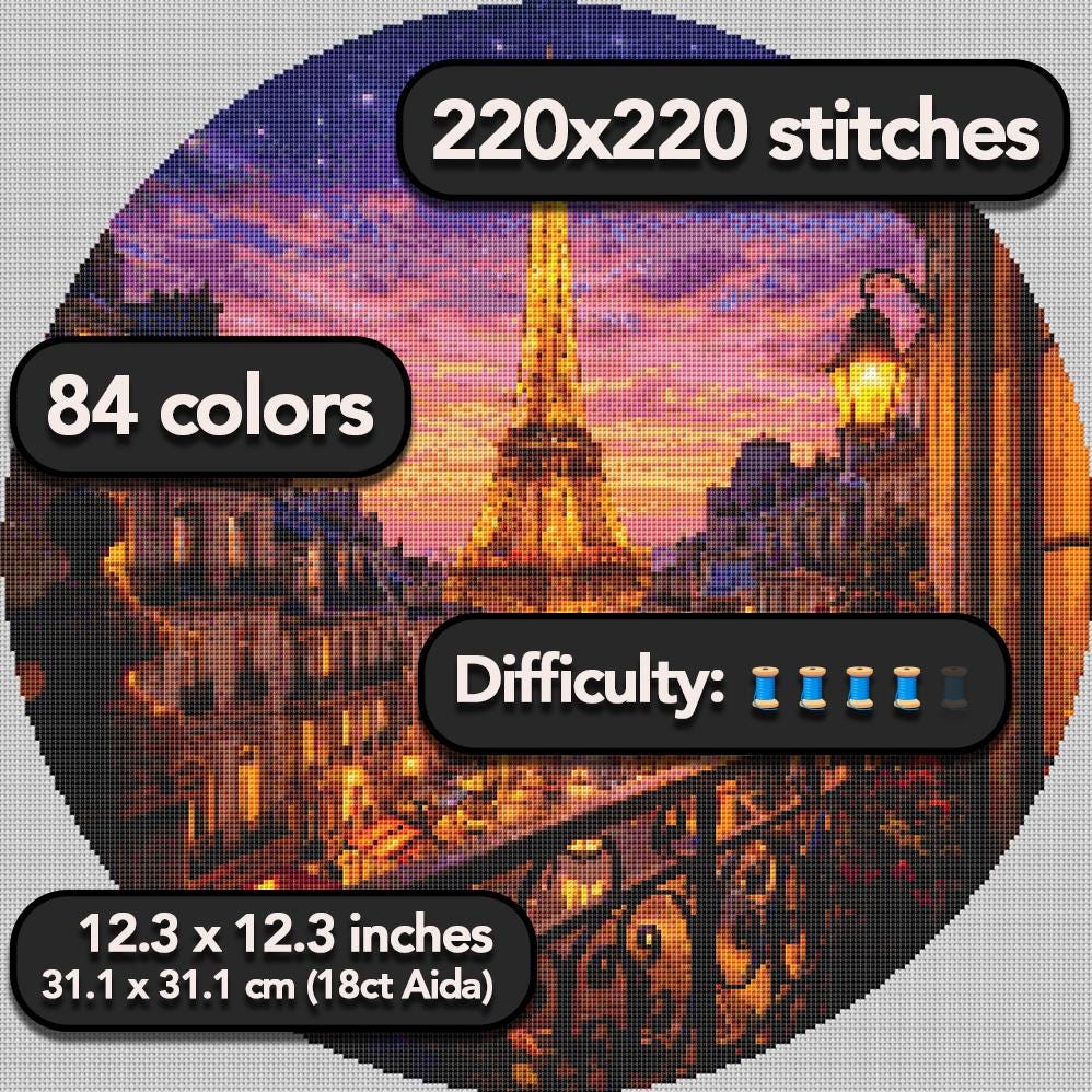 Cross Stitch Pattern - Parisian Balcony, Eiffel Tower View - Instant Digital Download