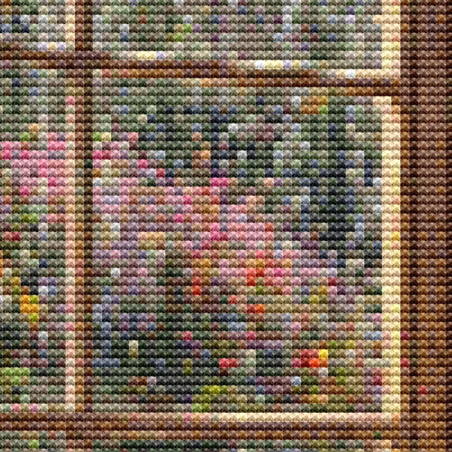 Cross Stitch Pattern - Rainlit Garden Room with Cat - Instant Digital Download