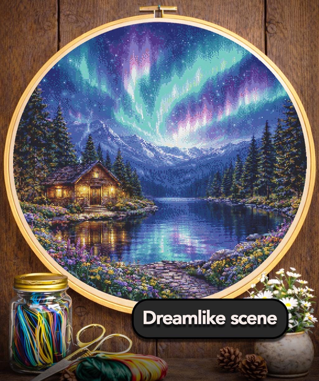 Cross Stitch Pattern - Mountain Aurora at Water's Edge - Instant Digital Download