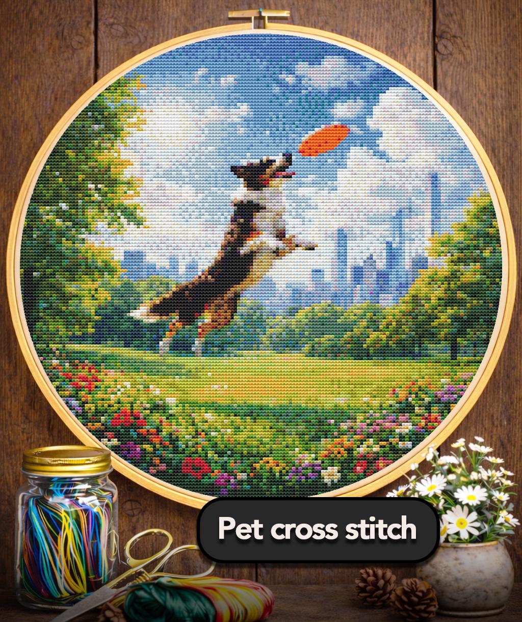 Cross Stitch Pattern - Canine Leap in Central Park - Instant Digital Download