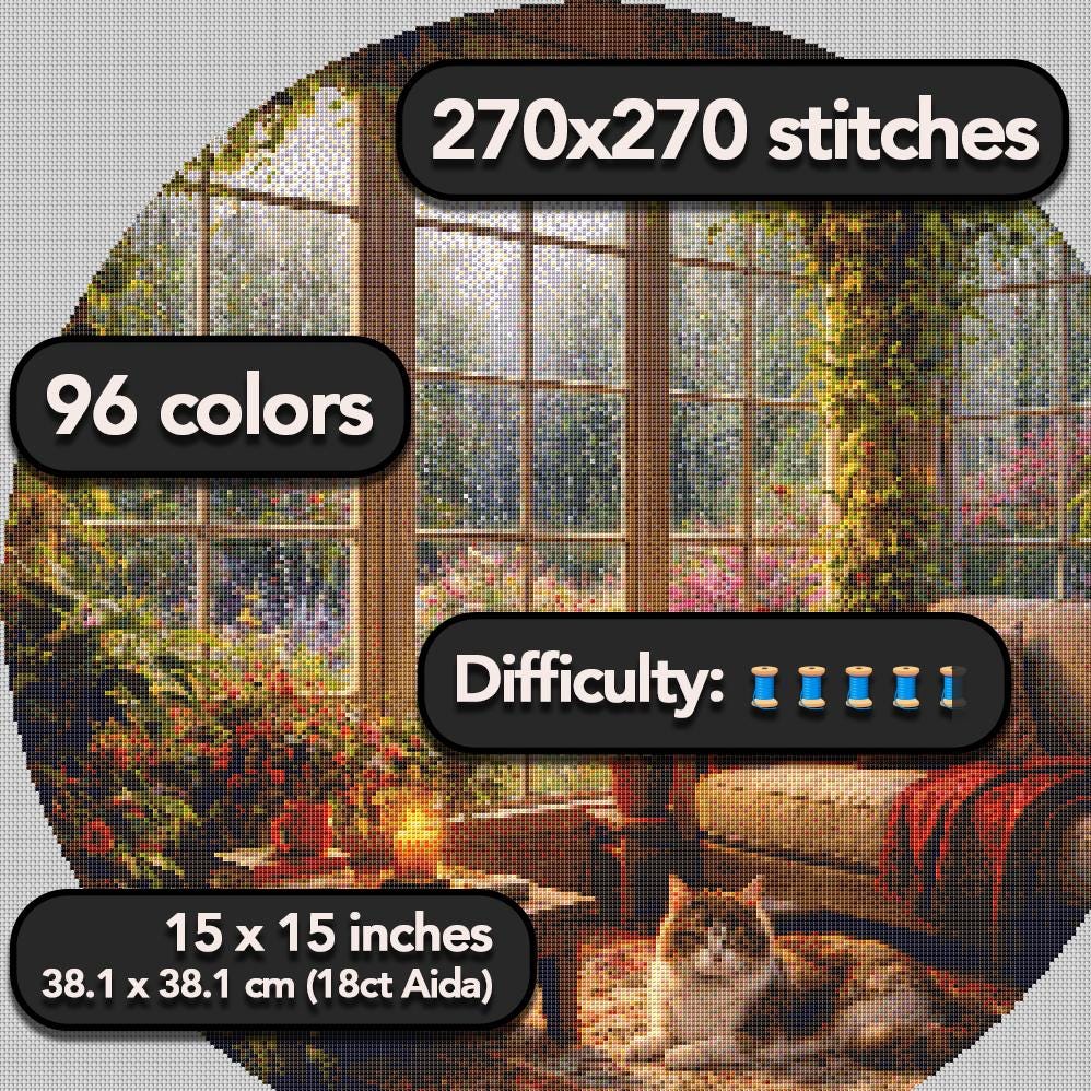 Cross Stitch Pattern - Rainlit Garden Room with Cat - Instant Digital Download