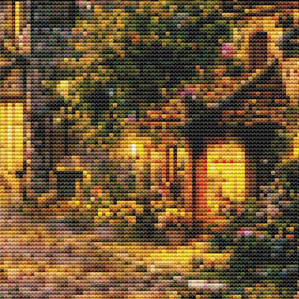 Cross Stitch Pattern - Medieval Book Store, Mountain Village at Dusk - Instant Digital Download - Huge 350x350