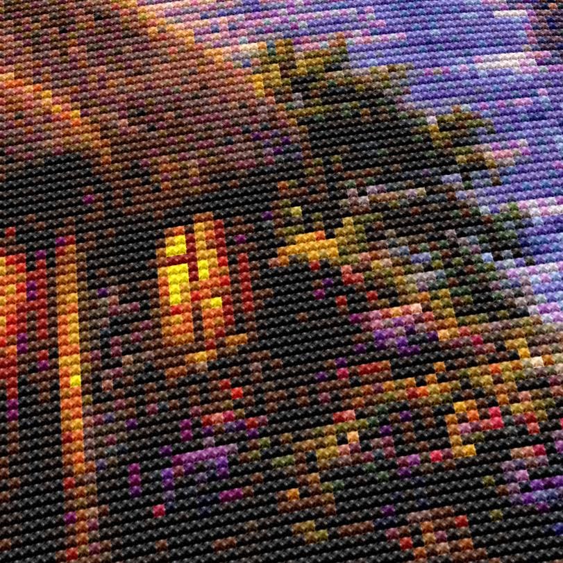 Cross Stitch Pattern - Cozy Irish Cottage near Ancient Ruins - Instant Digital Download