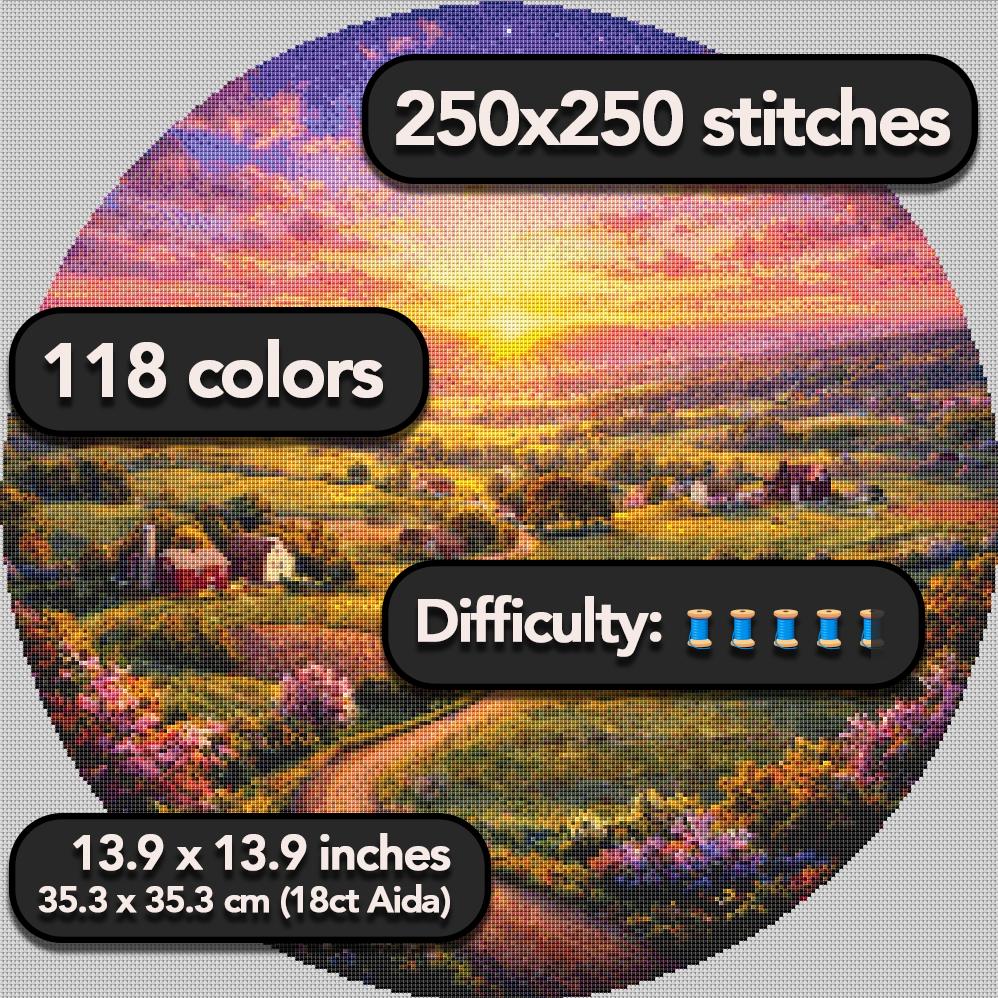 Cross Stitch Pattern - Country Sunrise, Rolling Hills Lane - Instant Digital Download