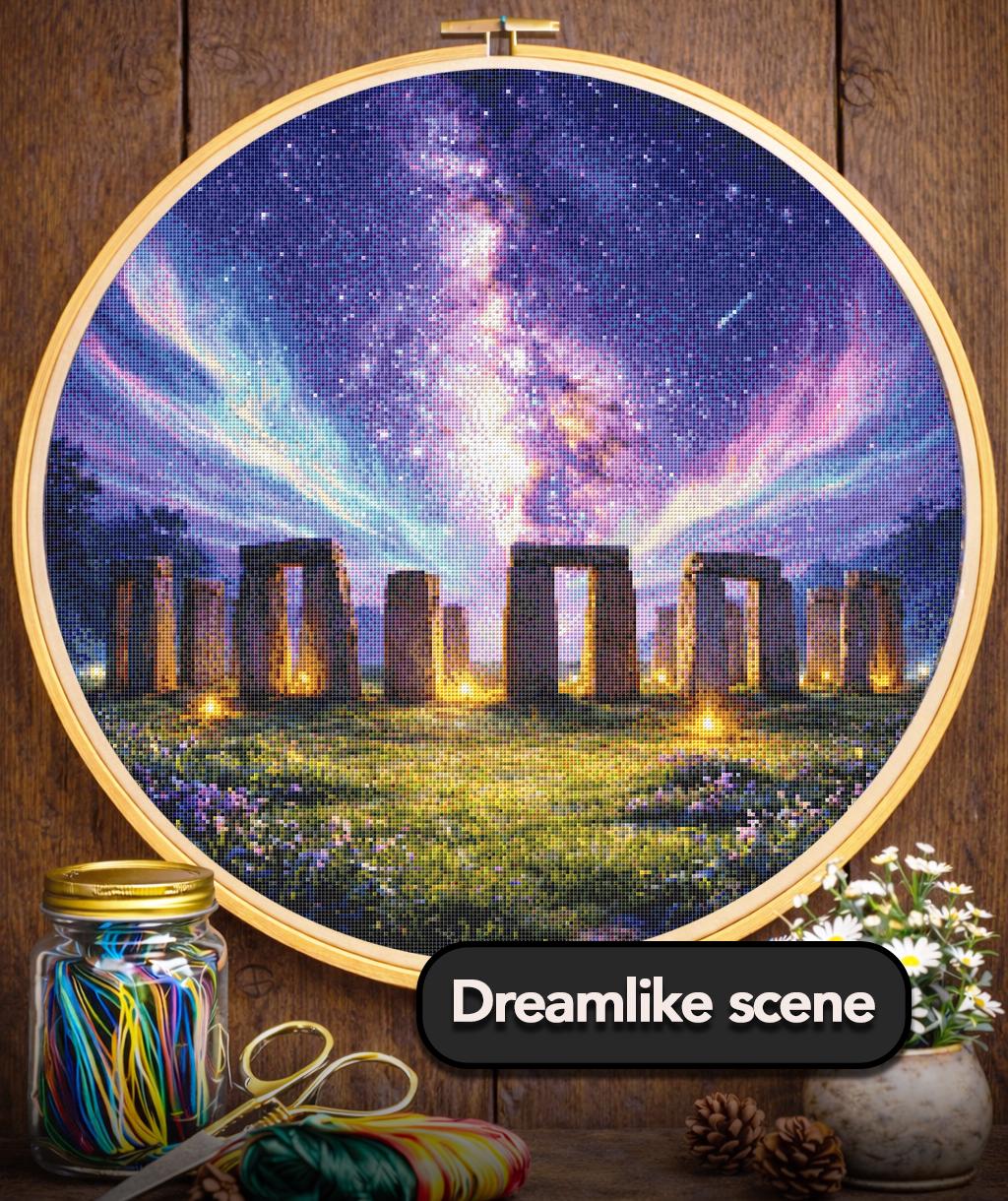 Cross Stitch Pattern - Stonehenge Ancient Ritual, Milky Way - Instant Digital Download