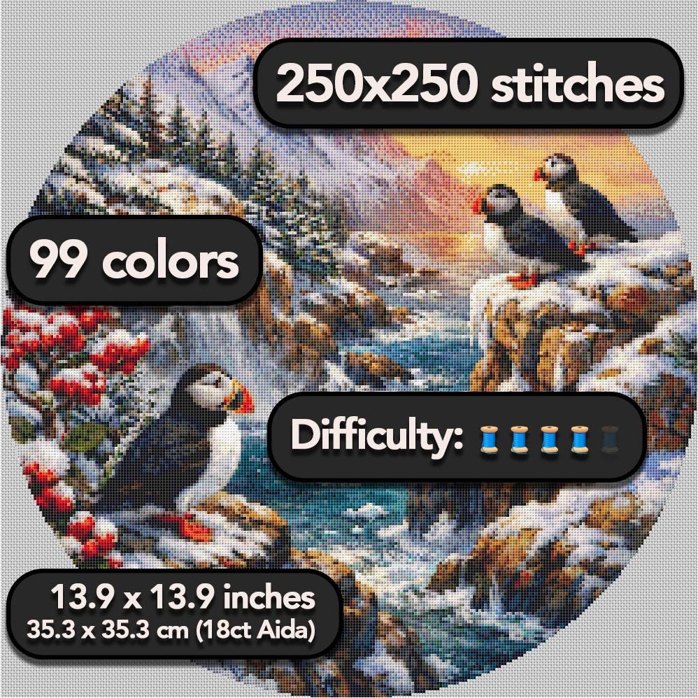 Cross Stitch Pattern - Puffin Cliffs, Winter Sunset - Instant Digital Download