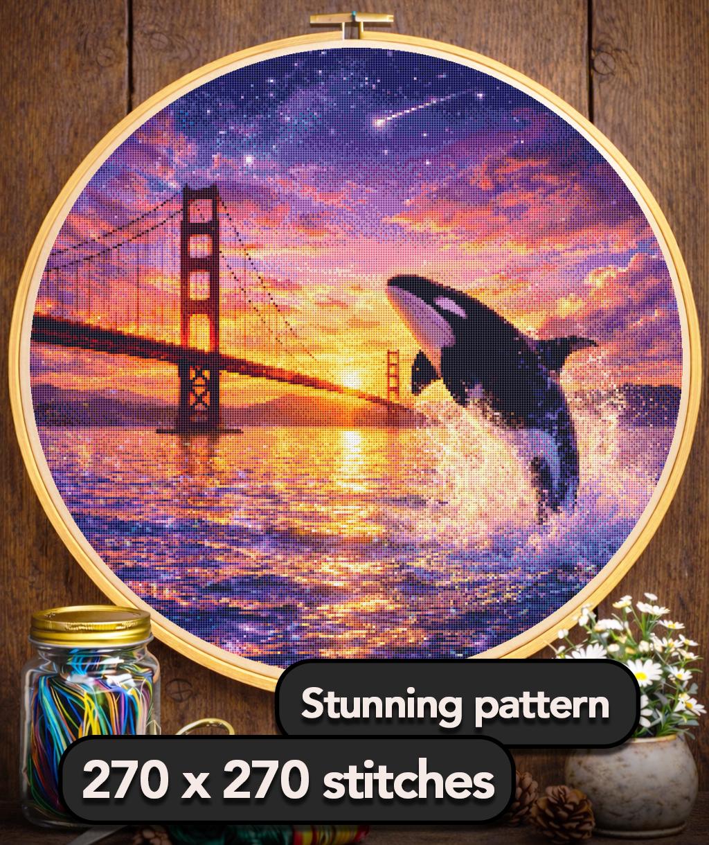 Cross Stitch Pattern - Orca's Leap at the Golden Gate - Instant Digital Download