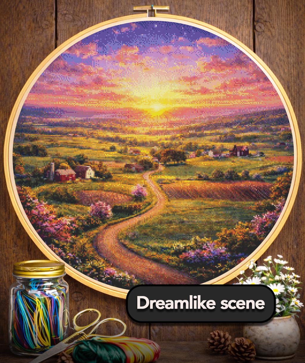 Cross Stitch Pattern - Country Sunrise, Rolling Hills Lane - Instant Digital Download