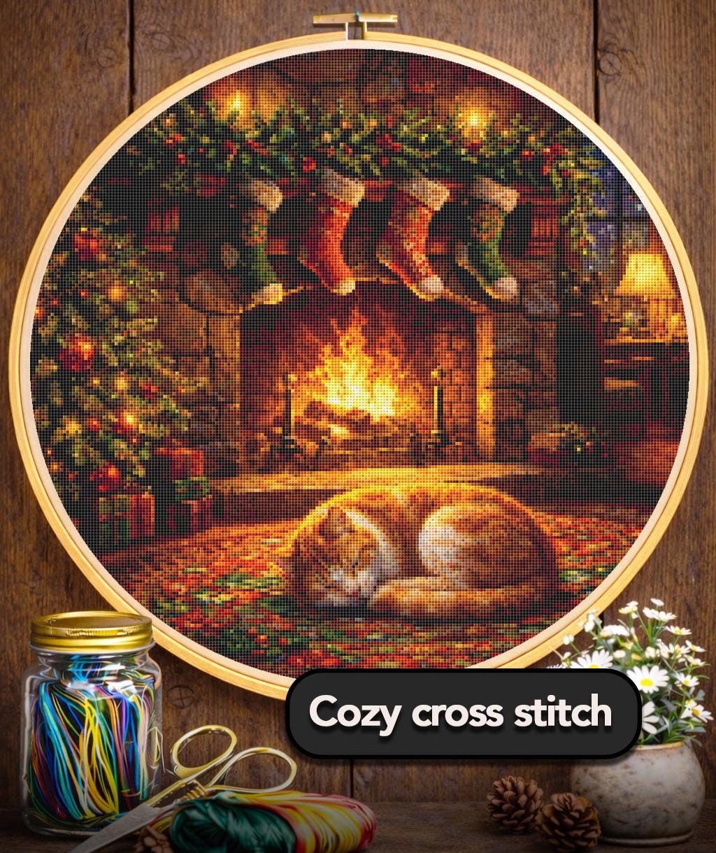 Cross Stitch Pattern - Yuletide Cat Nap, Christmas Eve - Instant Digital Download