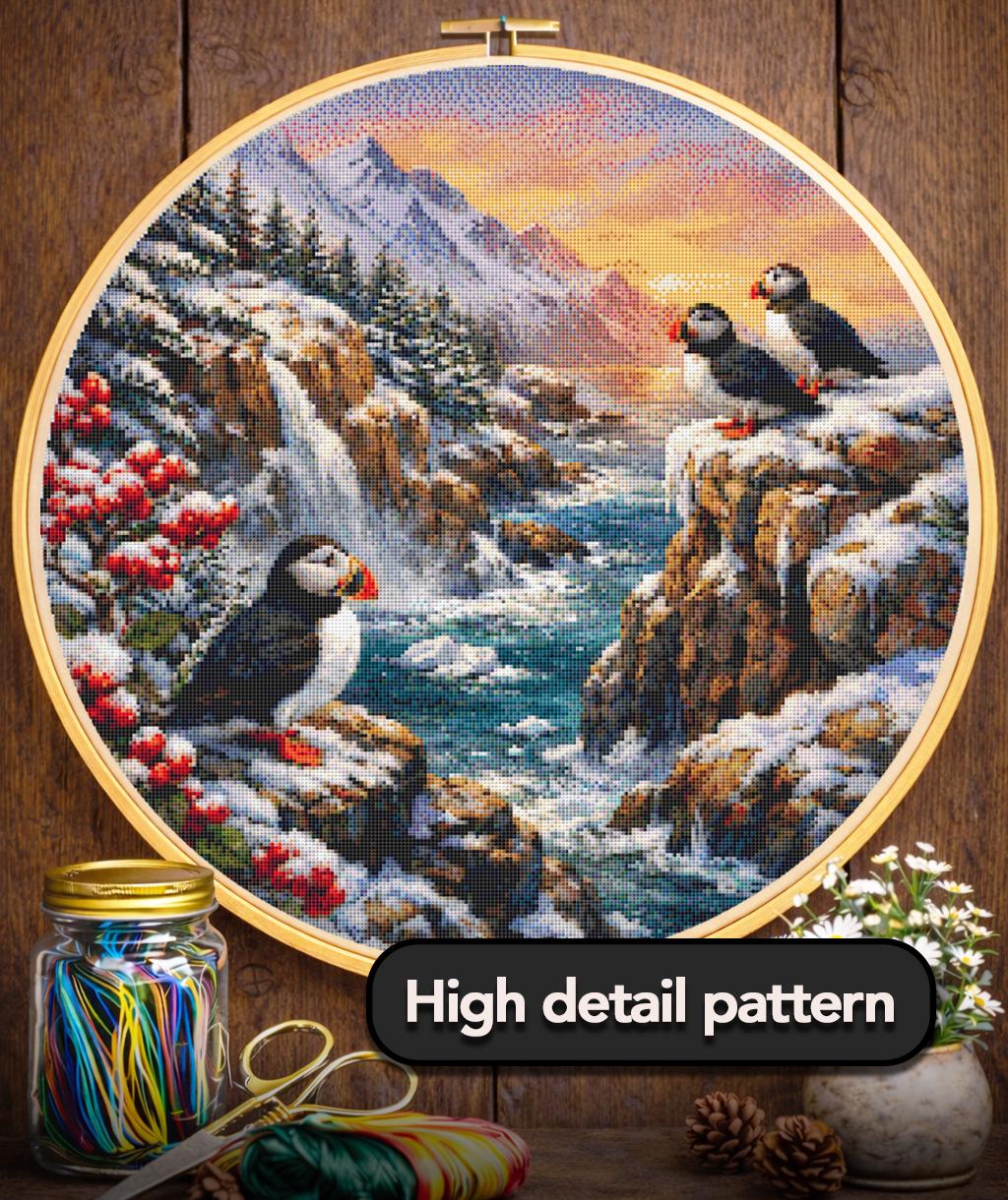 Cross Stitch Pattern - Puffin Cliffs, Winter Sunset - Instant Digital Download