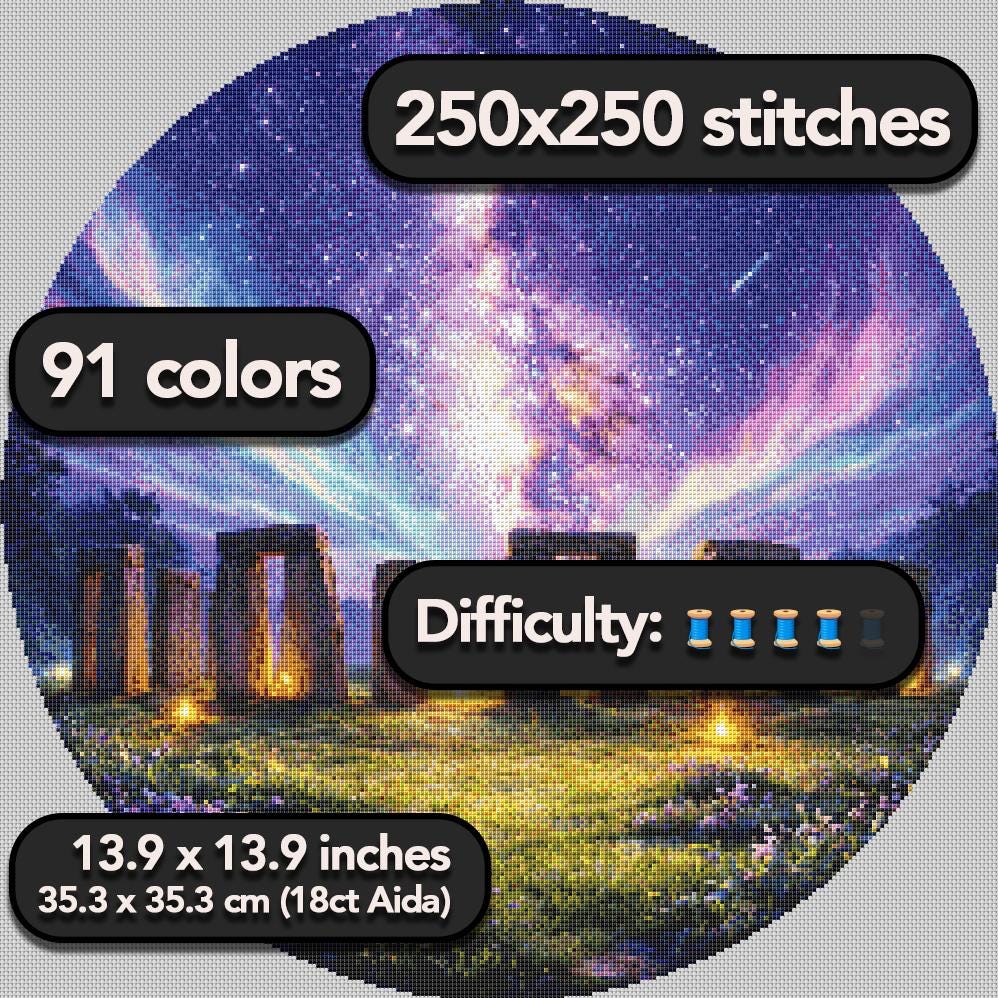 Cross Stitch Pattern - Stonehenge Ancient Ritual, Milky Way - Instant Digital Download