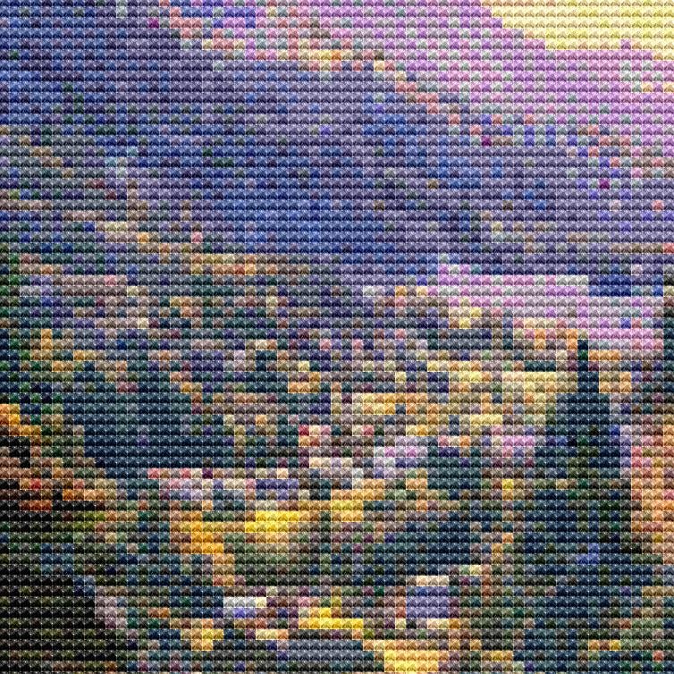 Cross Stitch Pattern - Medieval Book Store, Mountain Village at Dusk - Instant Digital Download - Huge 350x350