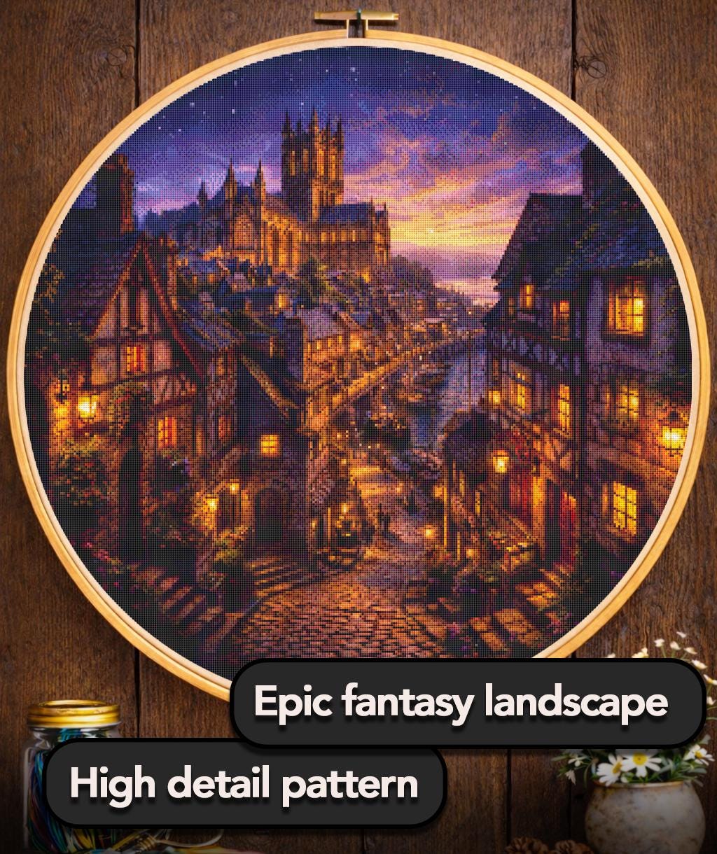 Cross Stitch Pattern - Village Harbor, Cathedral Sunset - Instant Digital Download
