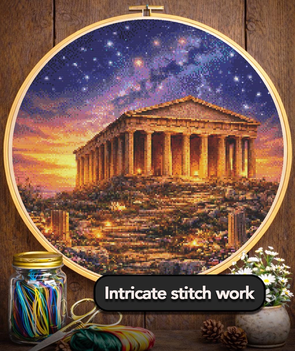Cross Stitch Pattern - Parthenon Ruins, Acropolis Sunset - Instant Digital Download