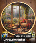 Cross Stitch Pattern - Rainlit Garden Room with Cat - Instant Digital Download