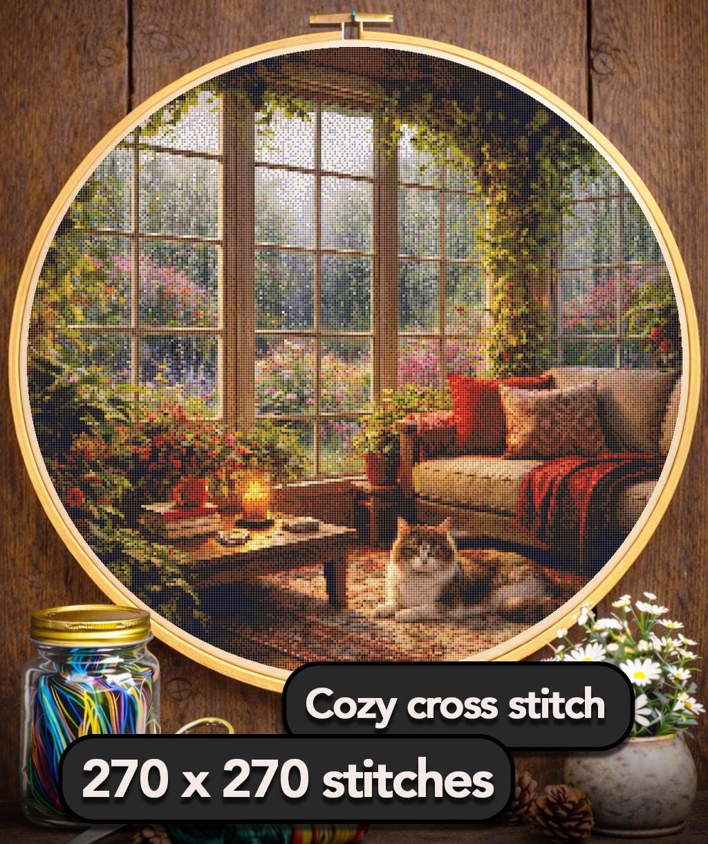 Cross Stitch Pattern - Rainlit Garden Room with Cat - Instant Digital Download