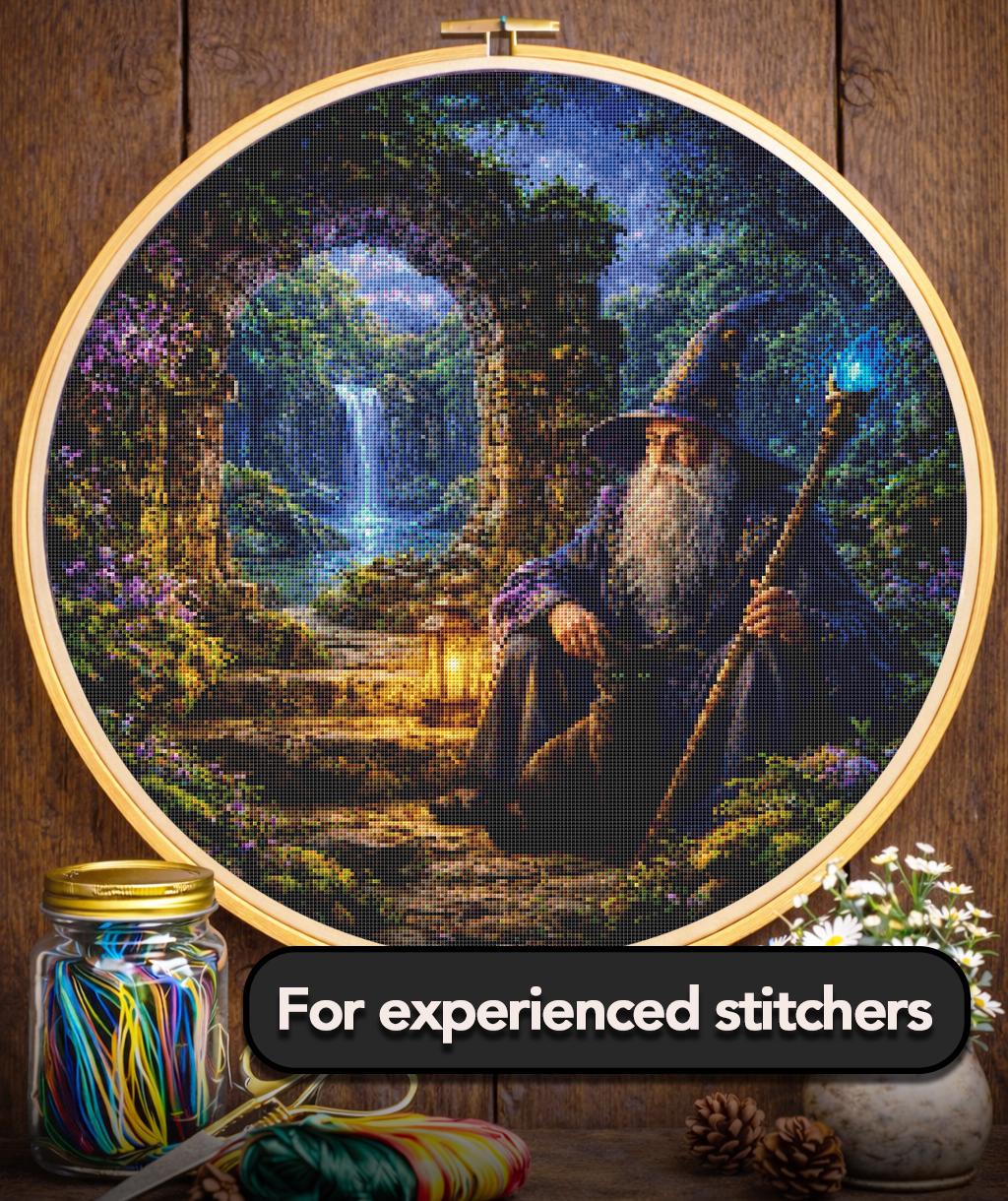 Cross Stitch Pattern - Wizard and Cat, Mystic Ruins - Instant Digital Download