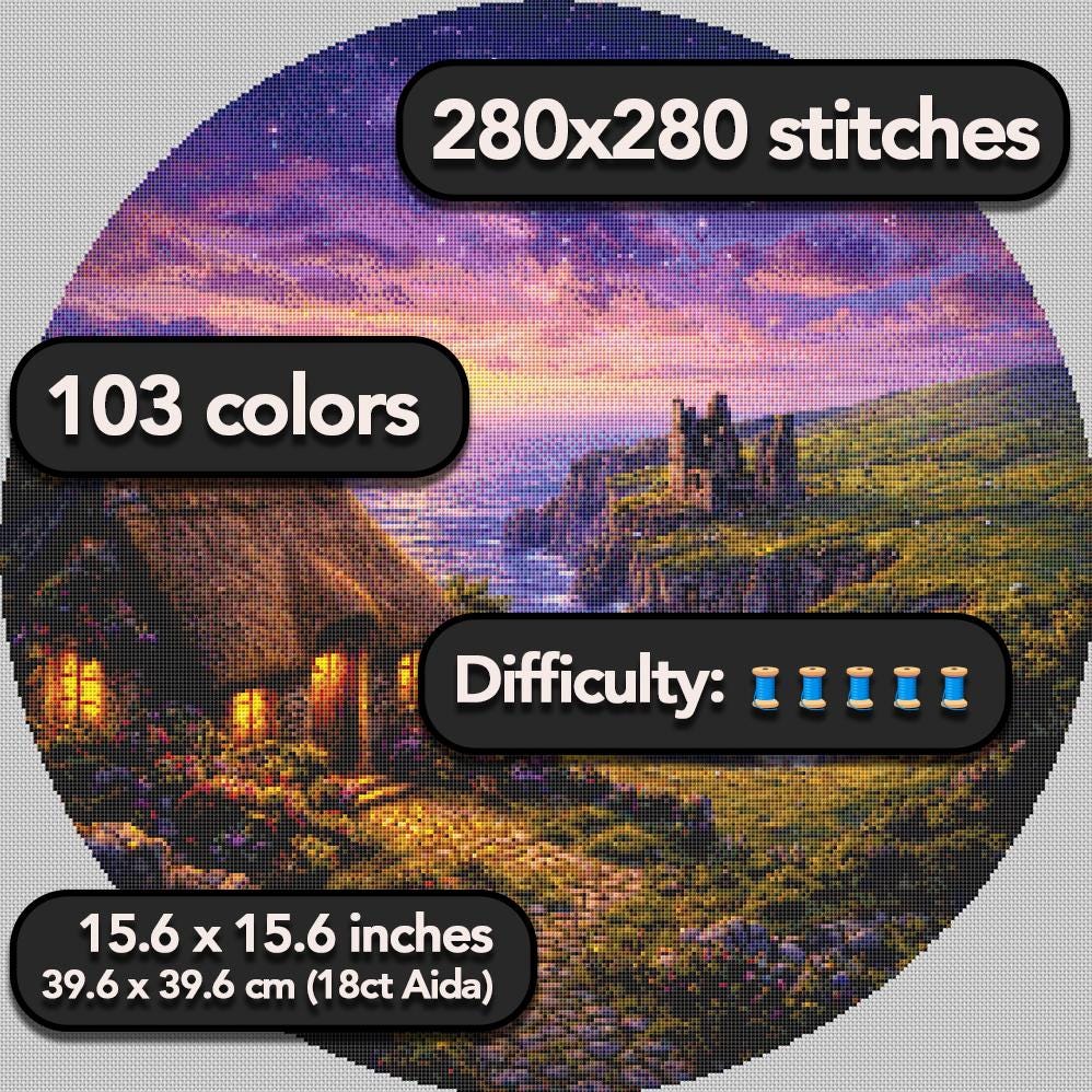 Cross Stitch Pattern - Cozy Irish Cottage near Ancient Ruins - Instant Digital Download