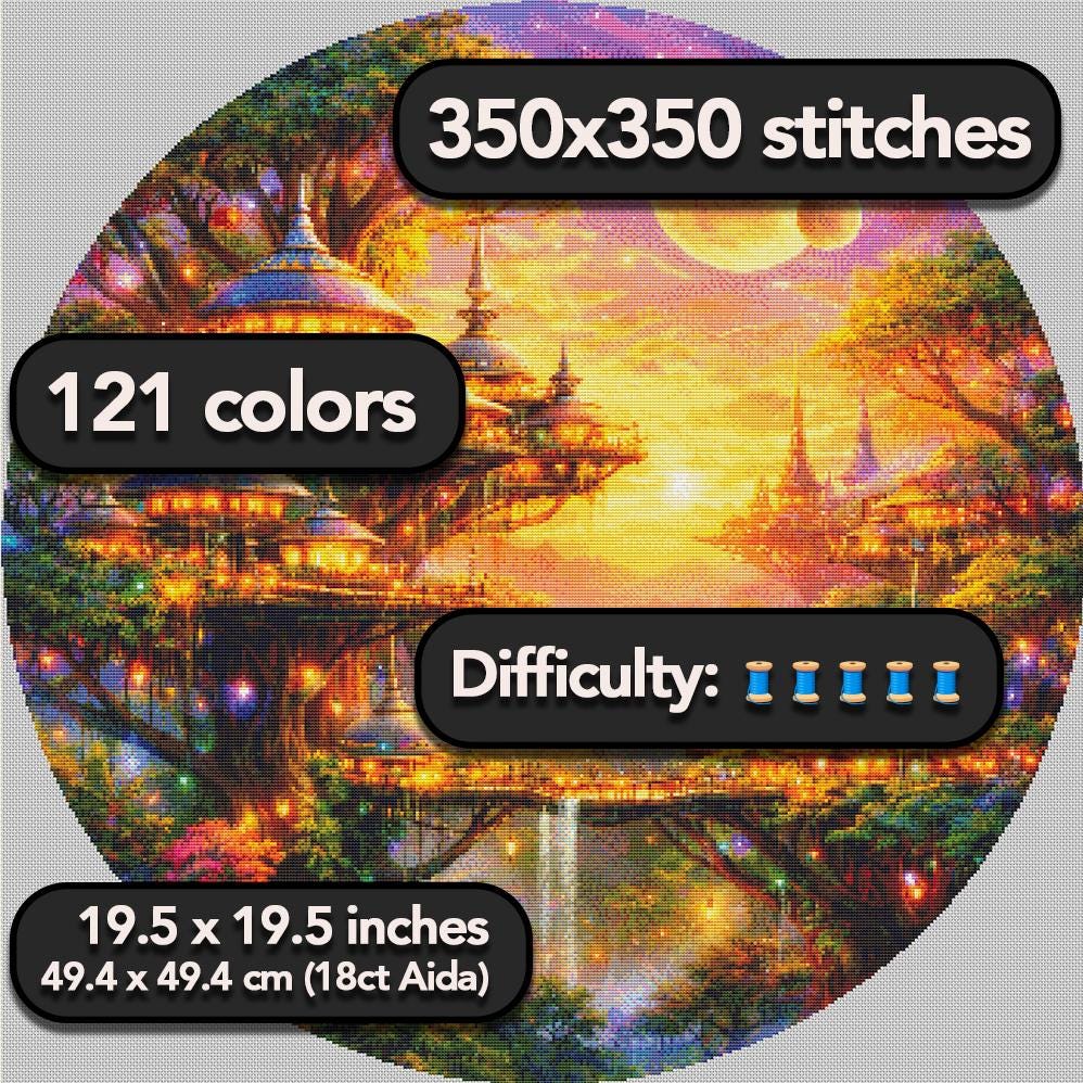 Cross Stitch Pattern - Treetop City Sunset with Dual Moons - Instant Digital Download - Huge 350x350