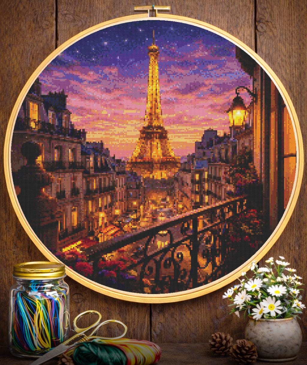 Cross Stitch Pattern - Parisian Balcony, Eiffel Tower View - Instant Digital Download
