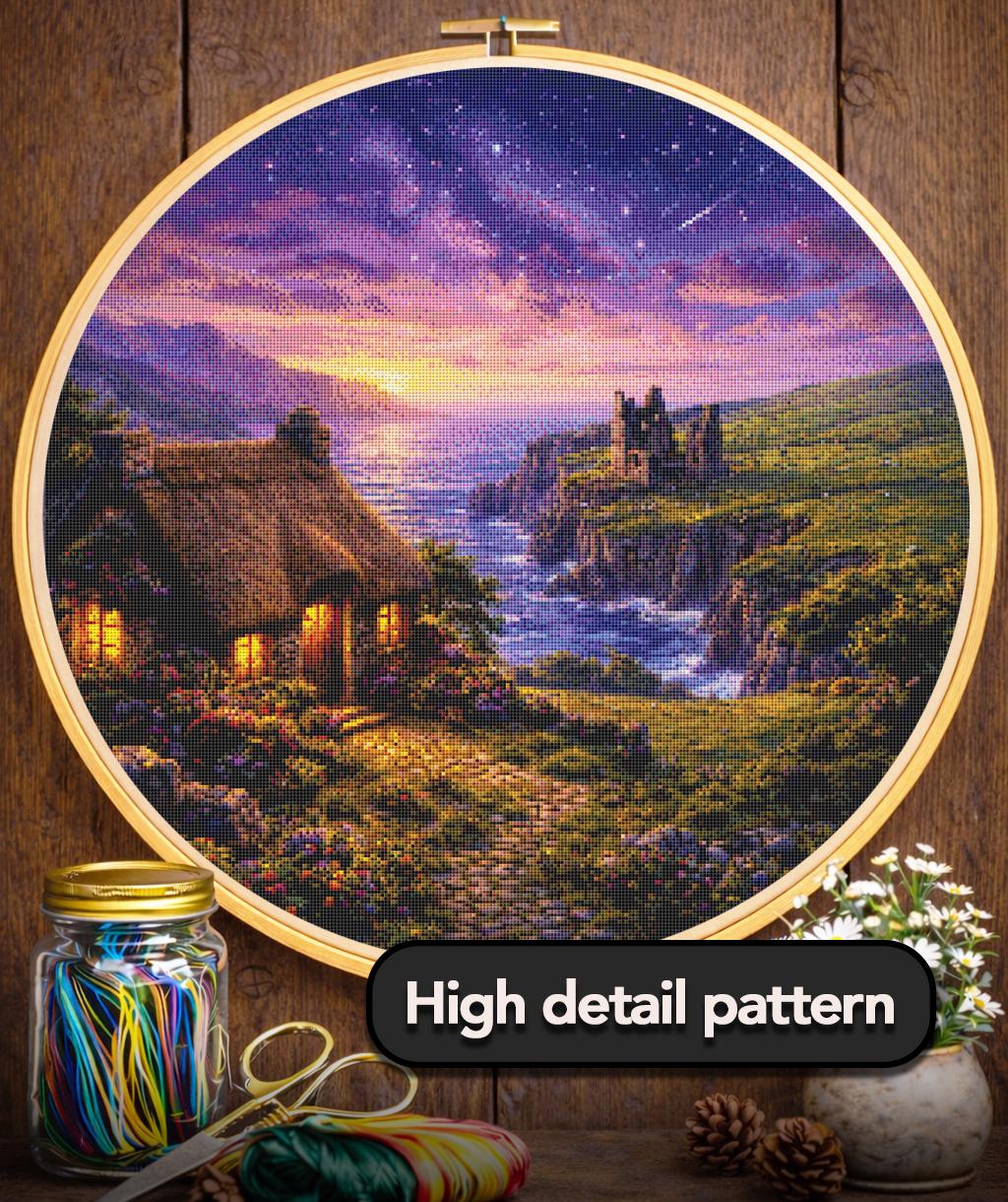 Cross Stitch Pattern - Cozy Irish Cottage near Ancient Ruins - Instant Digital Download