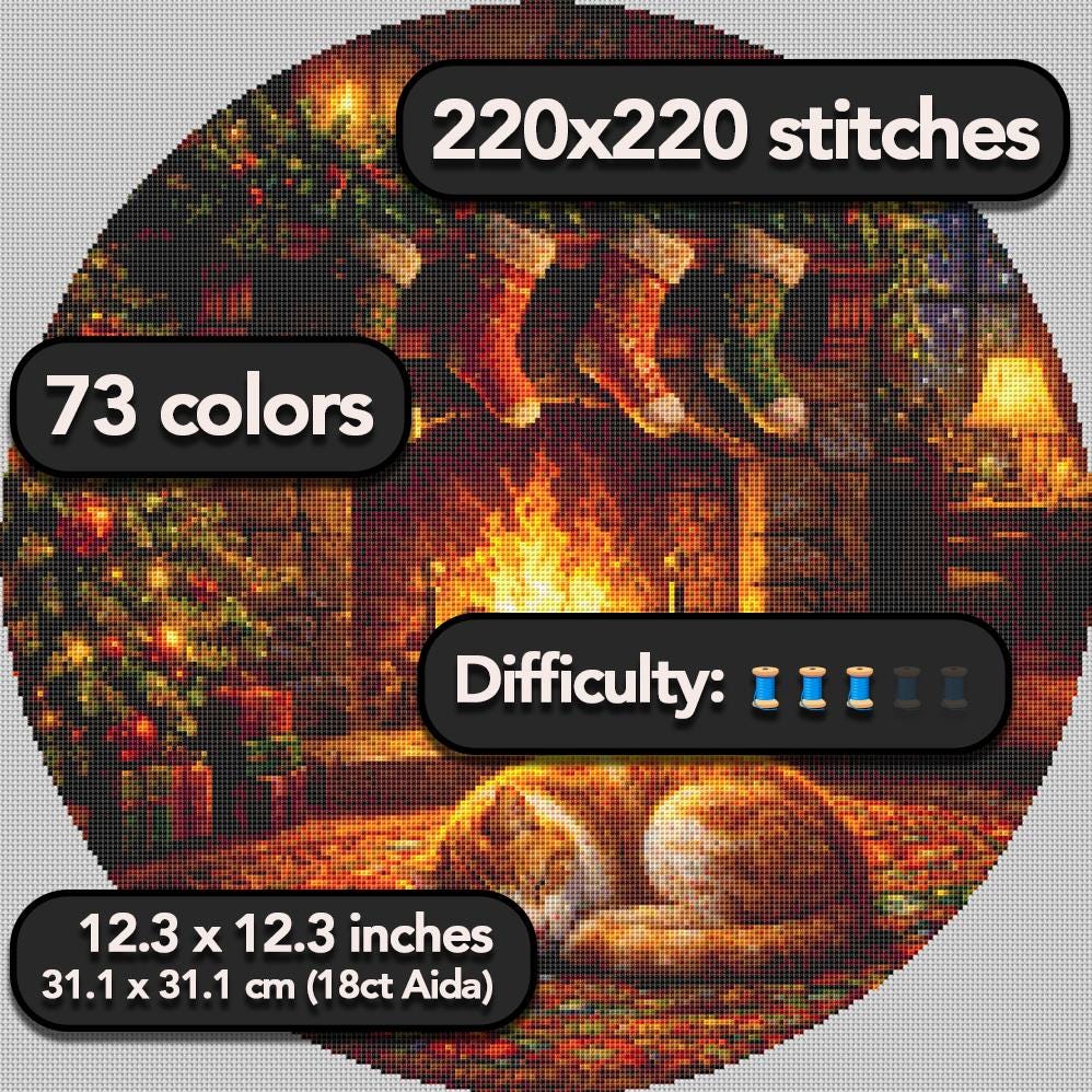 Cross Stitch Pattern - Yuletide Cat Nap, Christmas Eve - Instant Digital Download