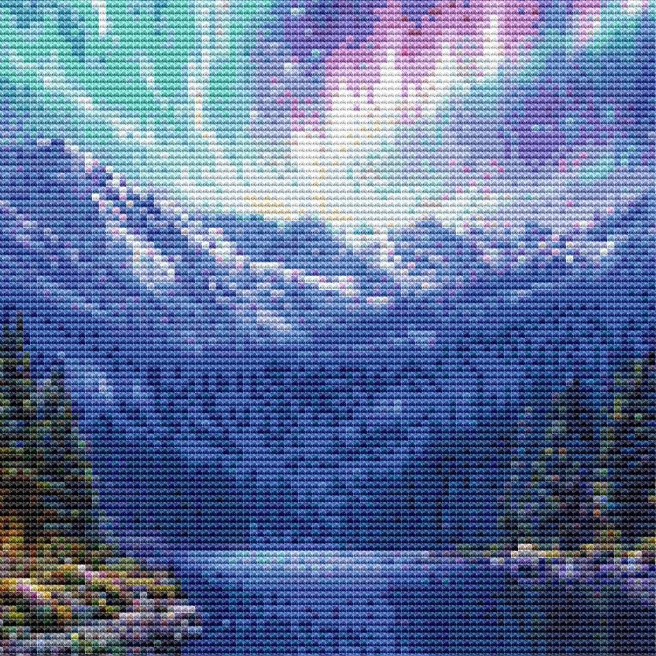 Cross Stitch Pattern - Mountain Aurora at Water's Edge - Instant Digital Download