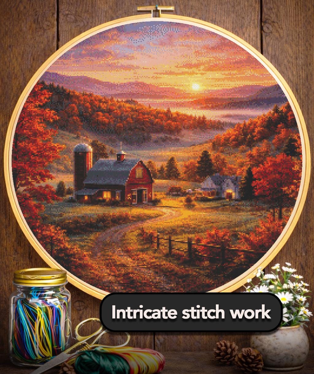 Cross Stitch Pattern - Autumn Sunset, Green Mountains - Instant Digital Download