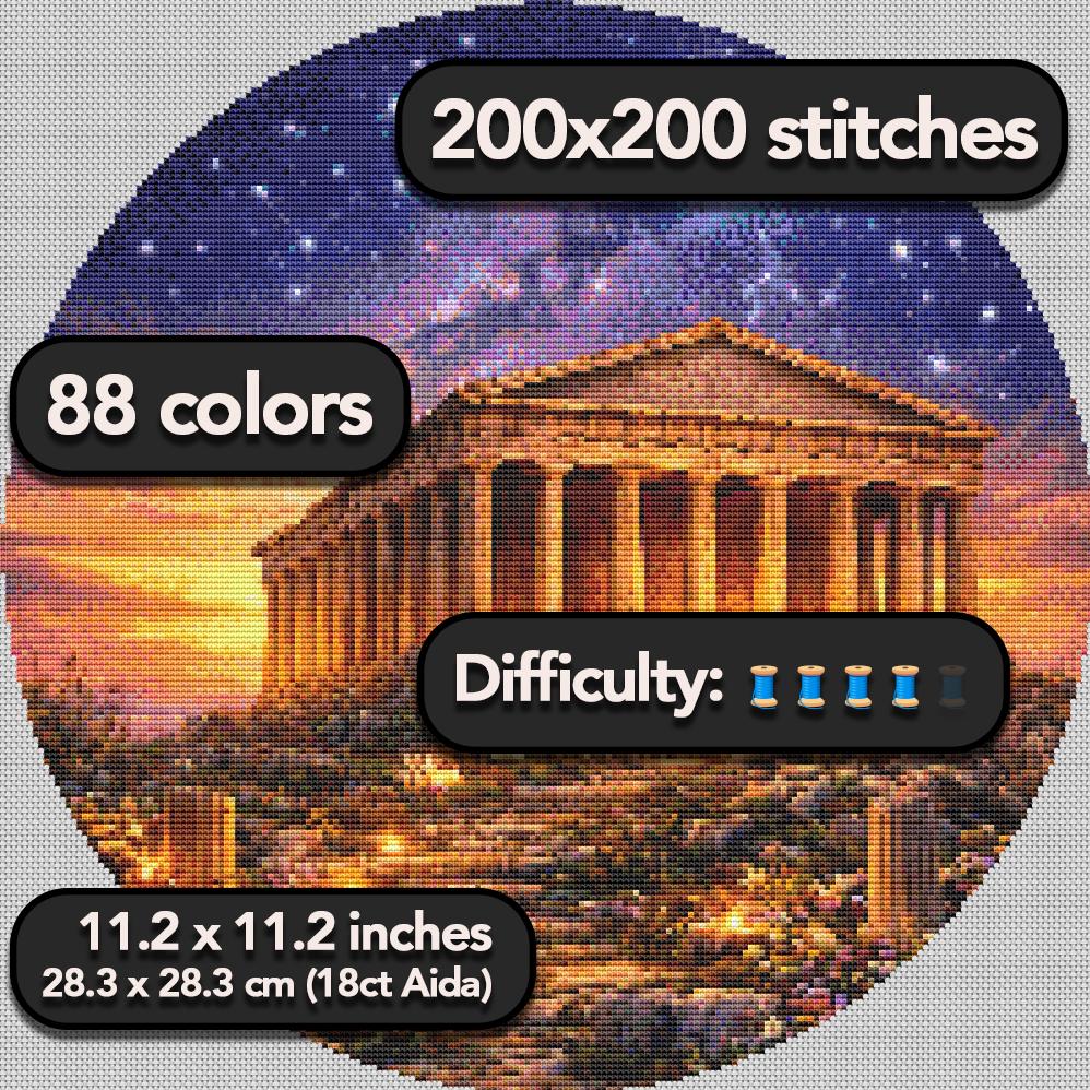 Cross Stitch Pattern - Parthenon Ruins, Acropolis Sunset - Instant Digital Download