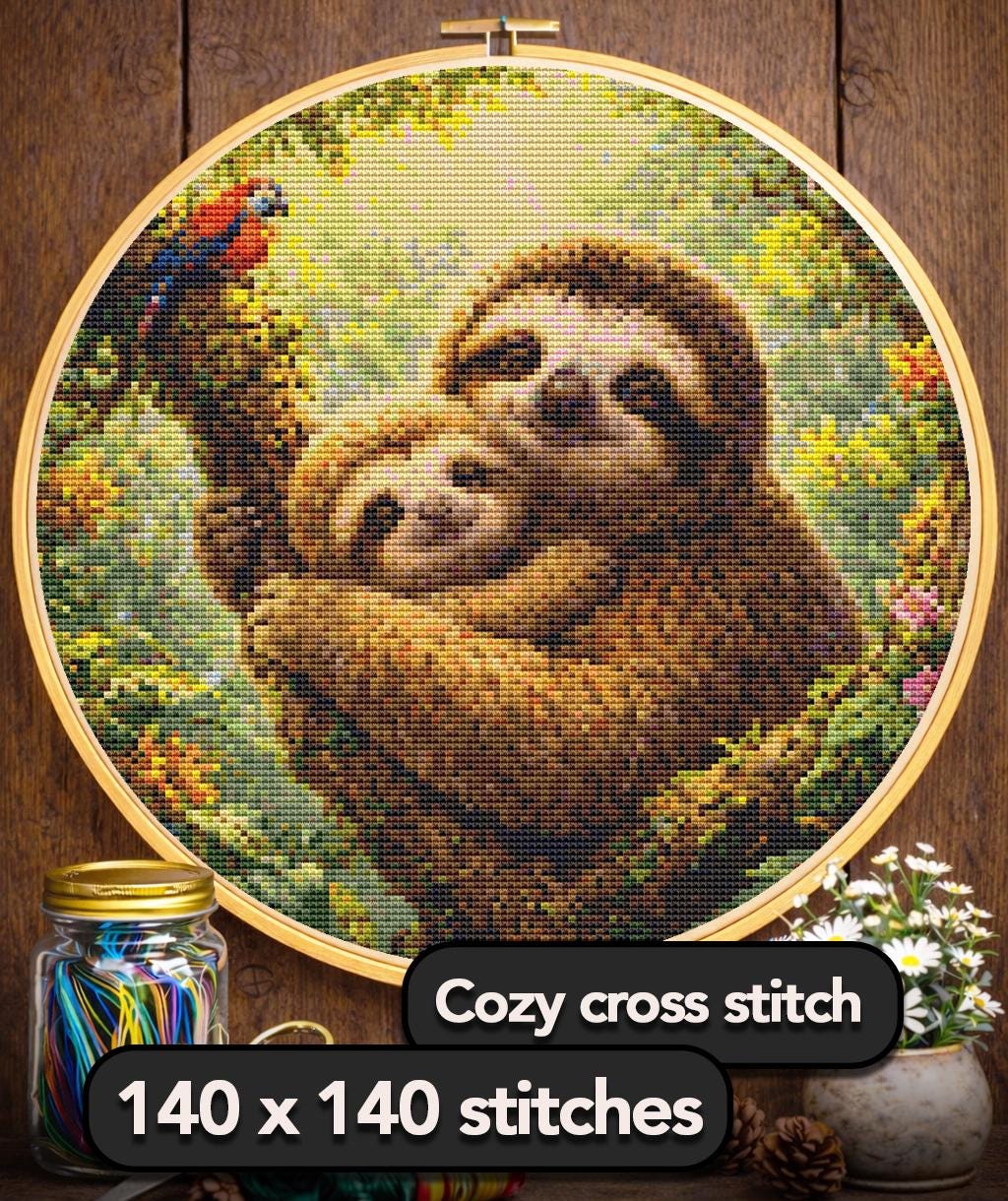 Cross Stitch Pattern - Sloth Hug, Mother & Baby - Instant Digital Download