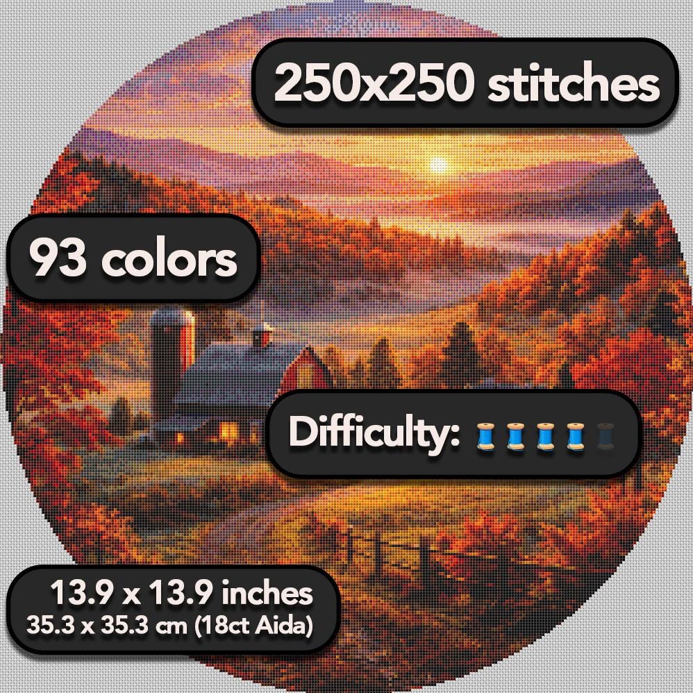 Cross Stitch Pattern - Autumn Sunset, Green Mountains - Instant Digital Download