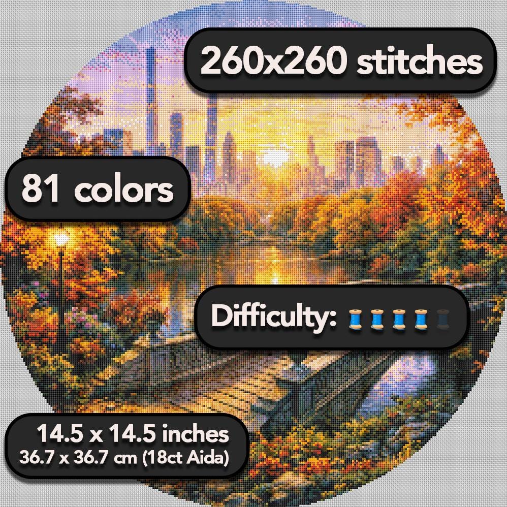 Cross Stitch Pattern - Central Park Autumn Morning NYC - Instant Digital Download