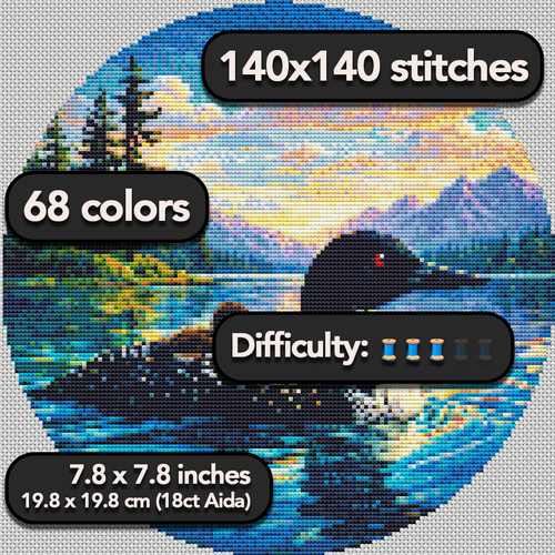 Cross Stitch Pattern - Baby Loon and Mother, Mountain Sunset - Instant Digital Download
