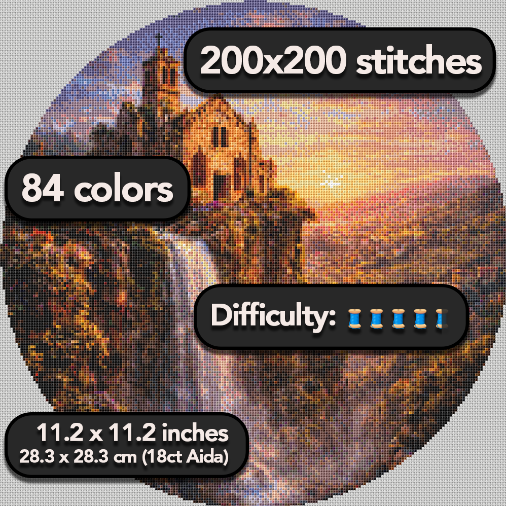 Cross Stitch Pattern - Hilltop Italian Sanctuary & Waterfall, Sunset - Instant Digital Download