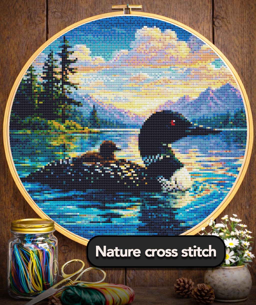 Cross Stitch Pattern - Baby Loon and Mother, Mountain Sunset - Instant Digital Download
