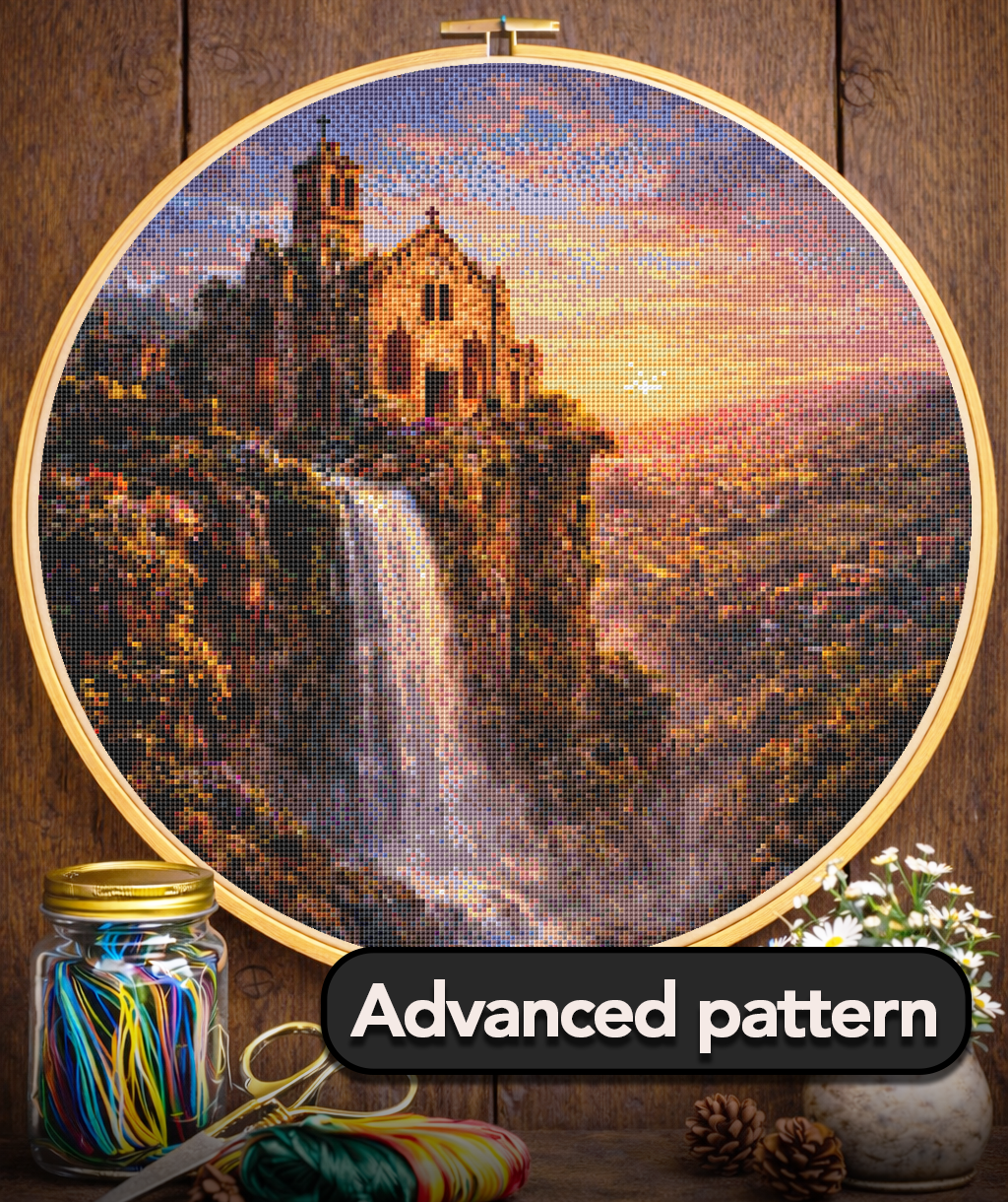 Cross Stitch Pattern - Hilltop Italian Sanctuary & Waterfall, Sunset - Instant Digital Download
